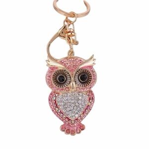 Pink and Gold Owl Keychain With Rhinestone Decorations New